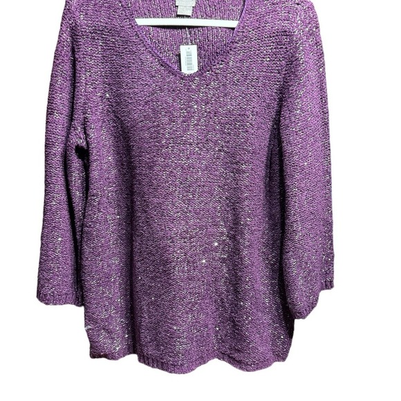 Chicos Shine V-Neck Pullover Sweater Mystique Purple Metallic Size 2 L NEW - Picture 2 of 6